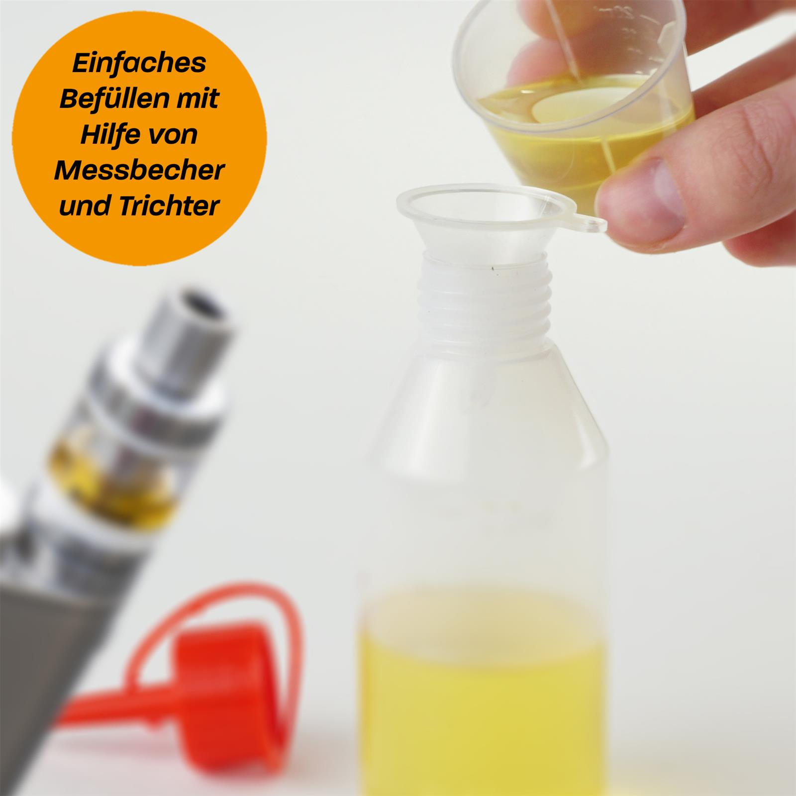 10 rote Tropfflaschen à 100 ml aus Kunststoff – Kunststoffflaschen mit rotem Schraubverschluss Zehn durchsichtige Tropfflaschen mit rotem Schraubverschluss stehen aufrecht in zwei Reihen nebeneinander auf weißem Hintergrund.