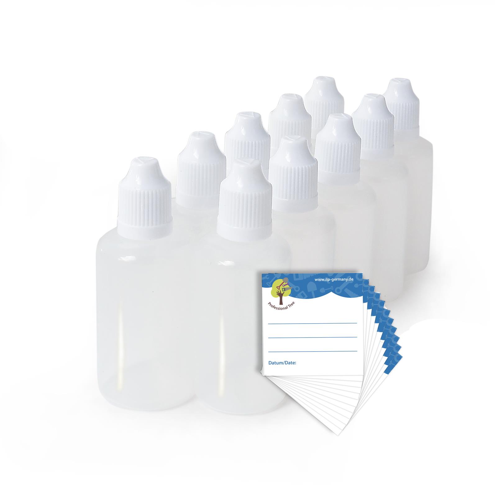 Set mit 10 transparenten Tropfflaschen à 50 ml – Leere Kunststoffflaschen mit Tropfverschluss Zehn durchsichtige Tropfflaschen aus Kunststoff mit weißem Schraubverschluss stehen aufrecht in zwei Reihen nebeneinander auf weißem Hintergrund.