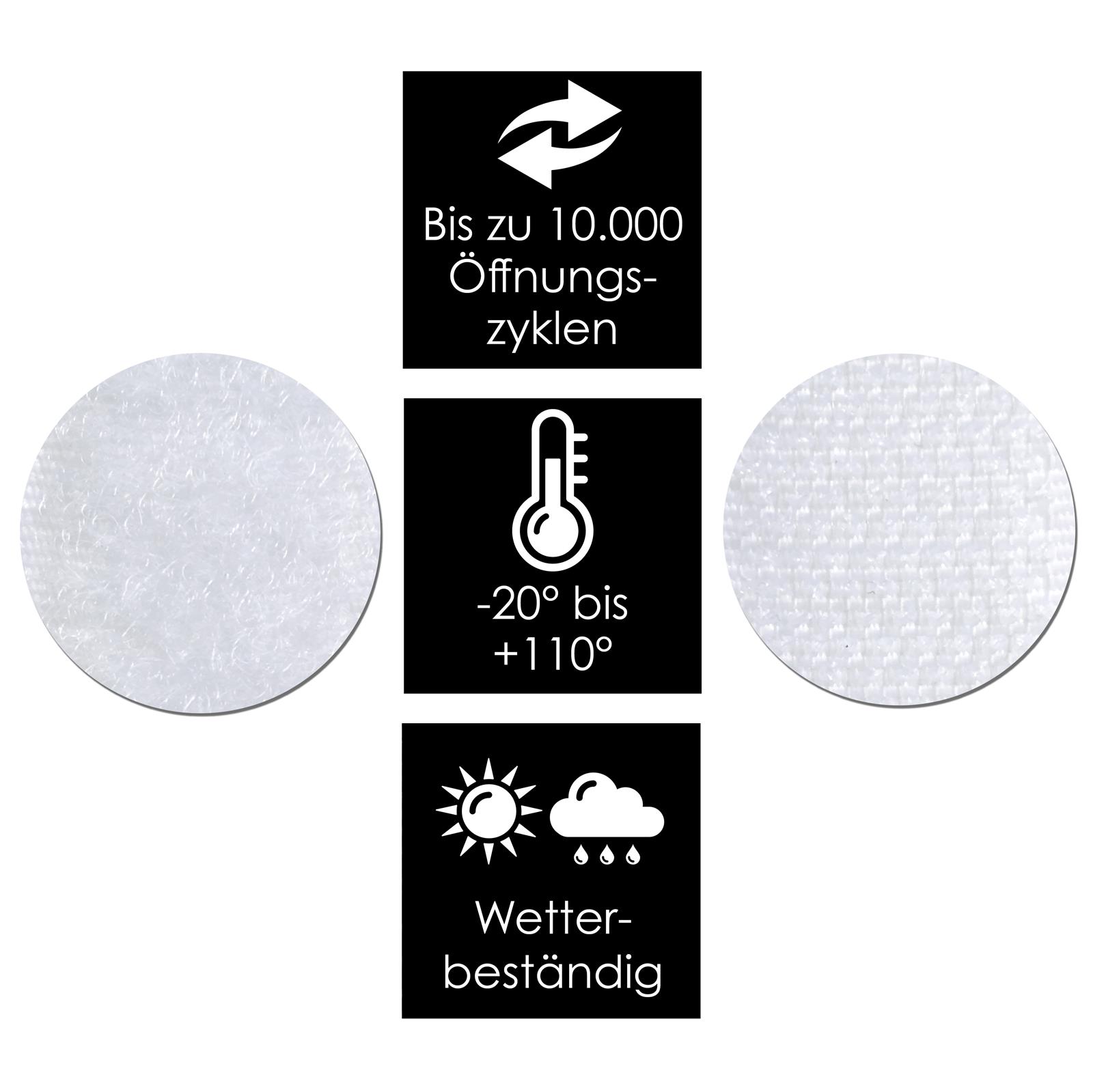 Selbstklebende Klettpunkte Weiß Ø5mm – Stark haftend für vielseitige Anwendungen Weiße Klettpunkte mit einem Durchmesser von 5 mm, sortiert in Paaren mit Haken- und Flauschseite, auf transparenter Trägerfolie zur einfachen Entnahme arrangiert.