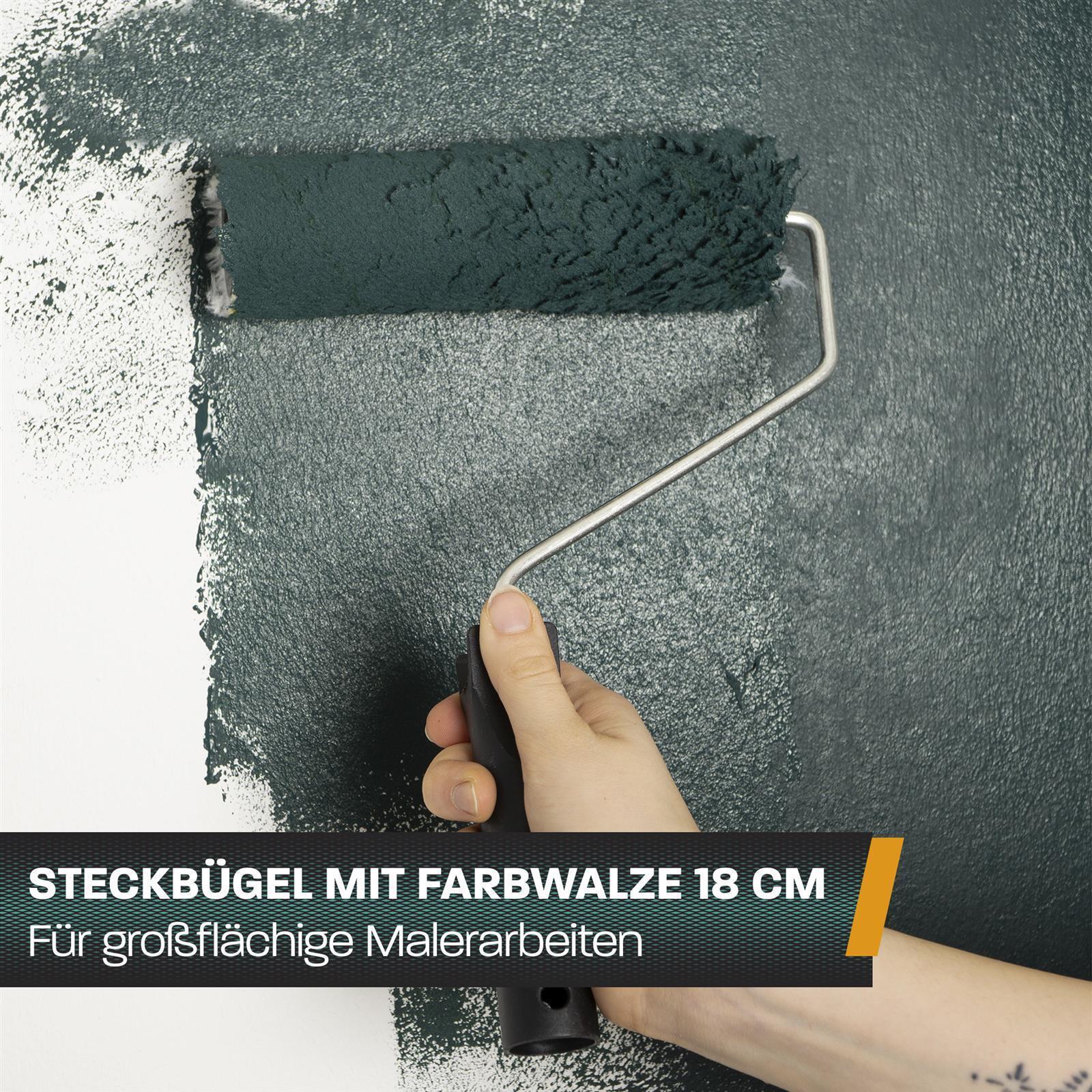 3-teiliges Malerset mit Farbwanne, Farbroller und Pinsel – praktisches Zubehör für Renovierung und Anstrich Fünfteiliger Malerset bestehend aus Farbroller mit Halter, Ersatzrolle, Flachpinsel, Abstreifgitter und Farbwanne, auf weißem Hintergrund angeordnet.