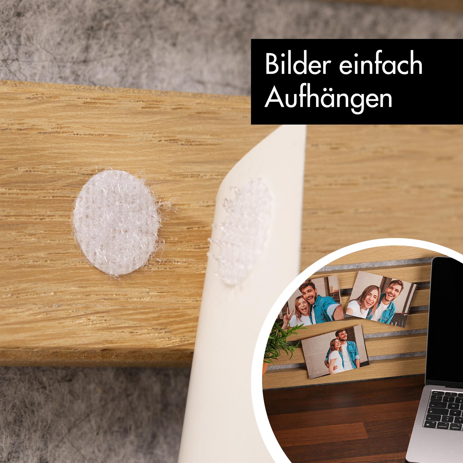 Selbstklebende Klettpunkte Weiß – 100 Stück Klettband rund für vielseitige Befestigungen Vier weiße, runde Klettpunkte auf einer hölzernen Oberfläche; zwei mit Hakenfläche und zwei mit Flauschfläche, leicht versetzt angeordnet.