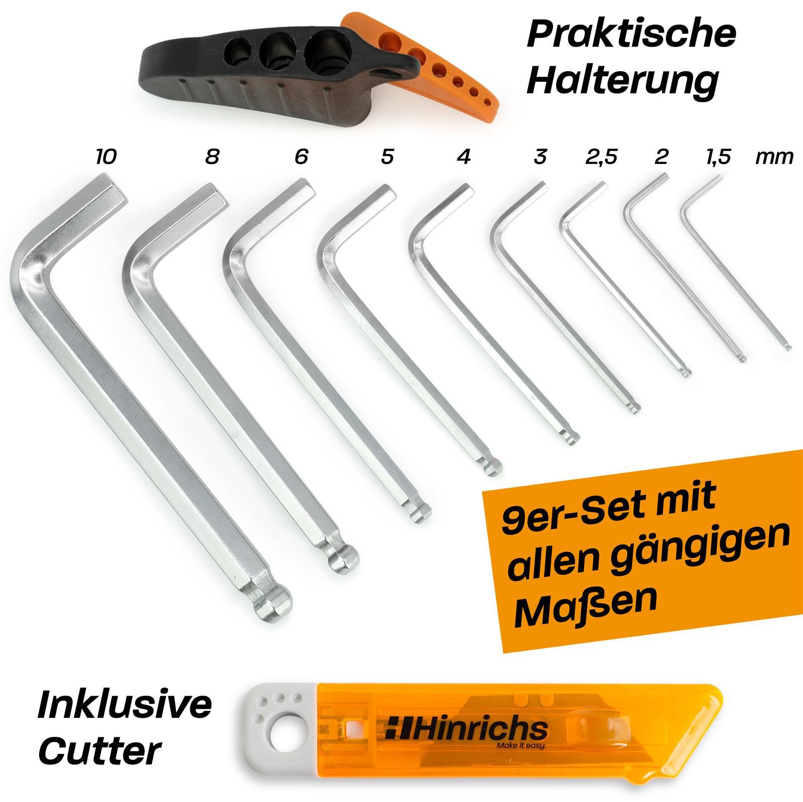 9-teiliges Sechskantschlüssel Set mit Kugelkopf – Inbus Schlüssel metrisch aus Chrom-Vanadium-Stahl 9-teiliges Set aus Sechskant-Schlüsseln in verschiedenen Größen, sortiert in rotem Kunststoffhalter mit Griff; die Schlüssel bestehen aus schwarzem Metall und sind im Halter fächerförmig angeordnet.
