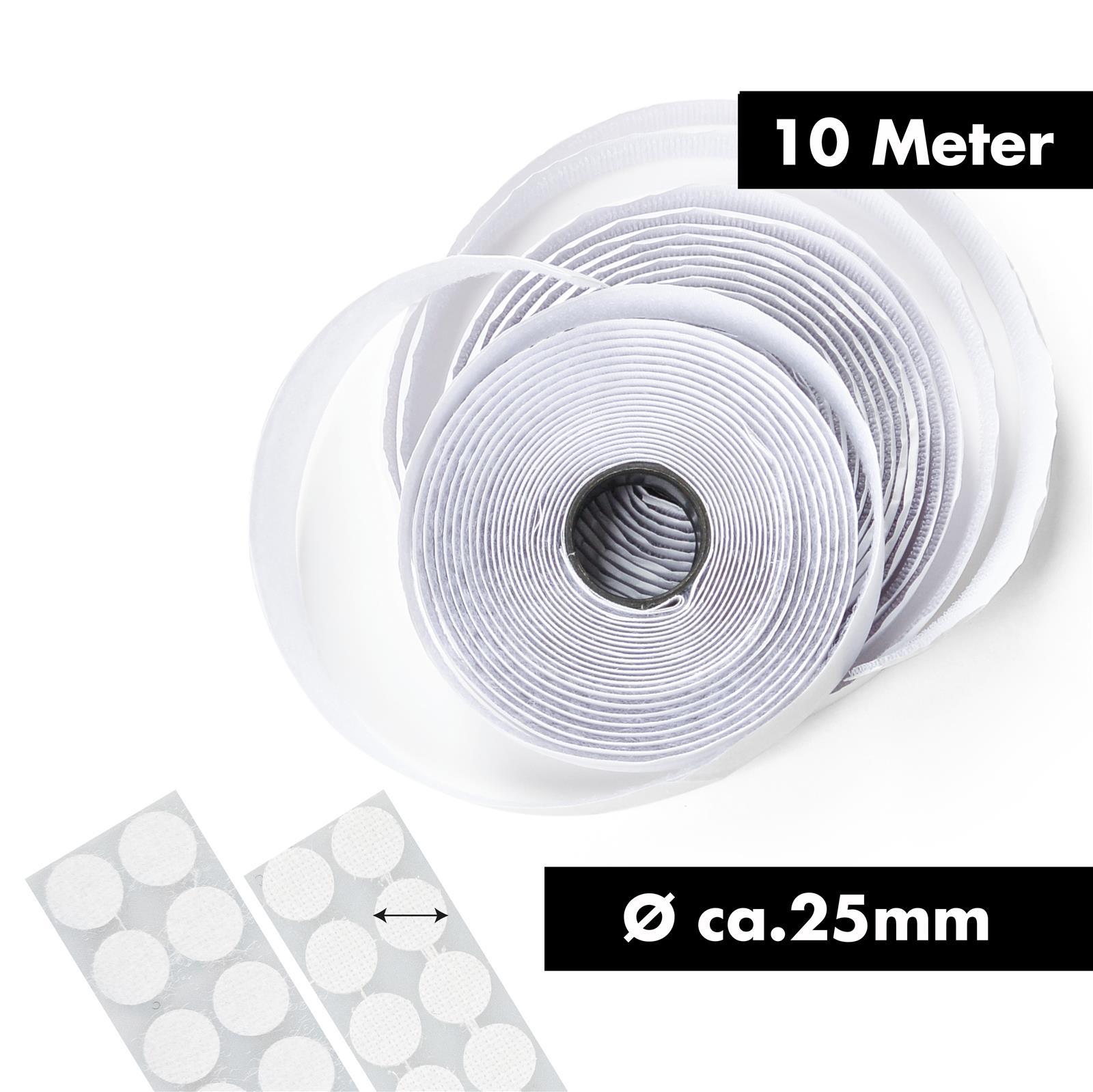 Klettpunkte Set selbstklebend rund – 3520 – Weiß – 180 Stück – Ø 20 mm für vielseitige Befestigungen Set aus weißen selbstklebenden Klettpunkten in transparentem Aufbewahrungsbeutel mit Reißverschluss; Klettpunkte in zwei aufgerollten Streifen je für Haken- und Flauschseite sichtbar.