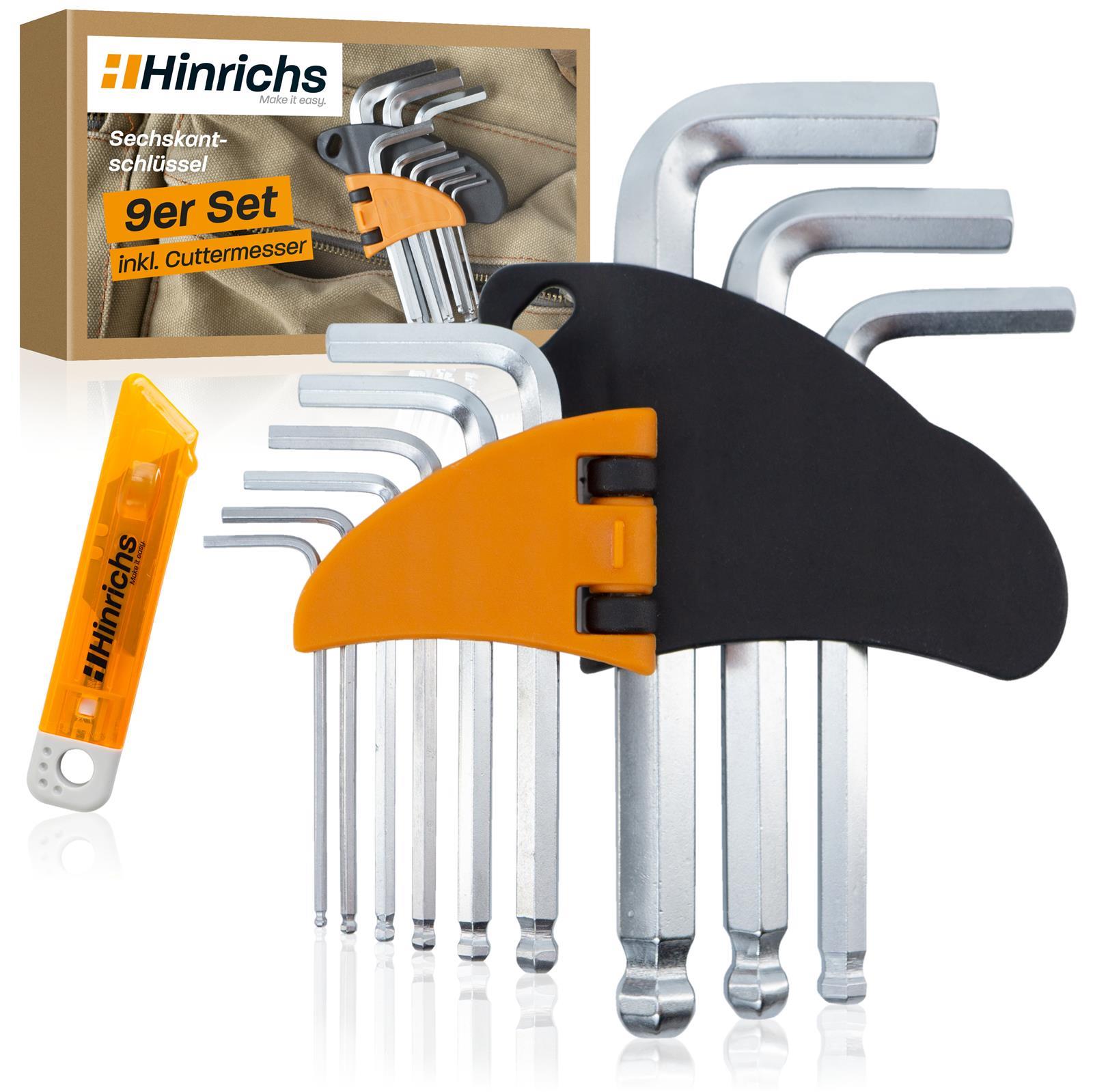 9-teiliges Sechskantschlüssel-Set mit Kugelkopf – metrisch, L-förmig, robust in Halterung 9-teiliges Sechskantschlüssel-Set in L-Form, farbcodiert und ordentlich in schwarzem Halter arrangiert, mit Größenangaben auf jeder Schlüsseloberfläche.