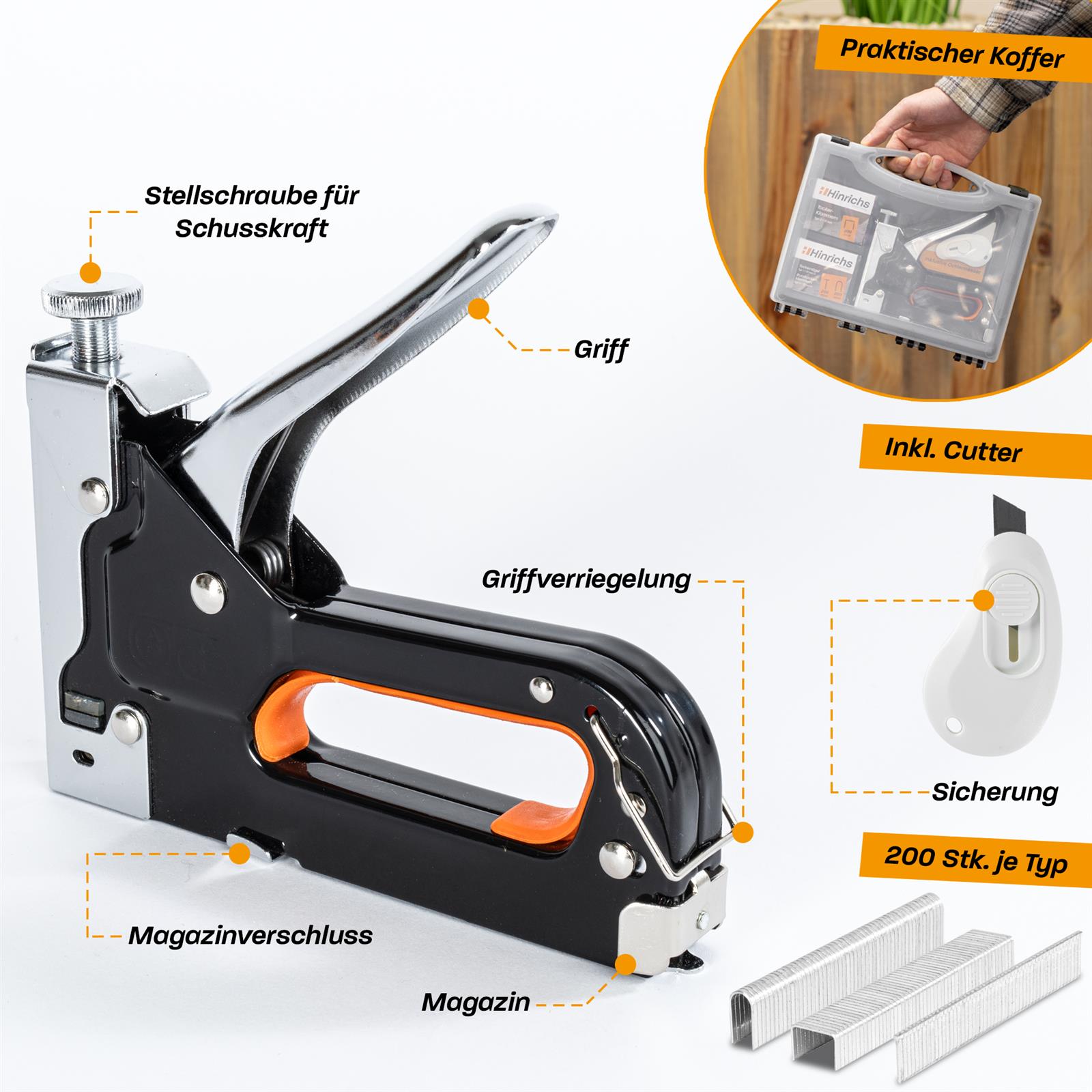 Handtacker mit ergonomischem Griff für präzises und kraftsparendes Arbeiten Silberner Handtacker aus Metall mit ergonomischem Griff, liegt seitlich auf einer weißen Oberfläche; gut sichtbar sind die Auslösemechanik, die Tackeröffnung vorne sowie die Spannfeder hinten.