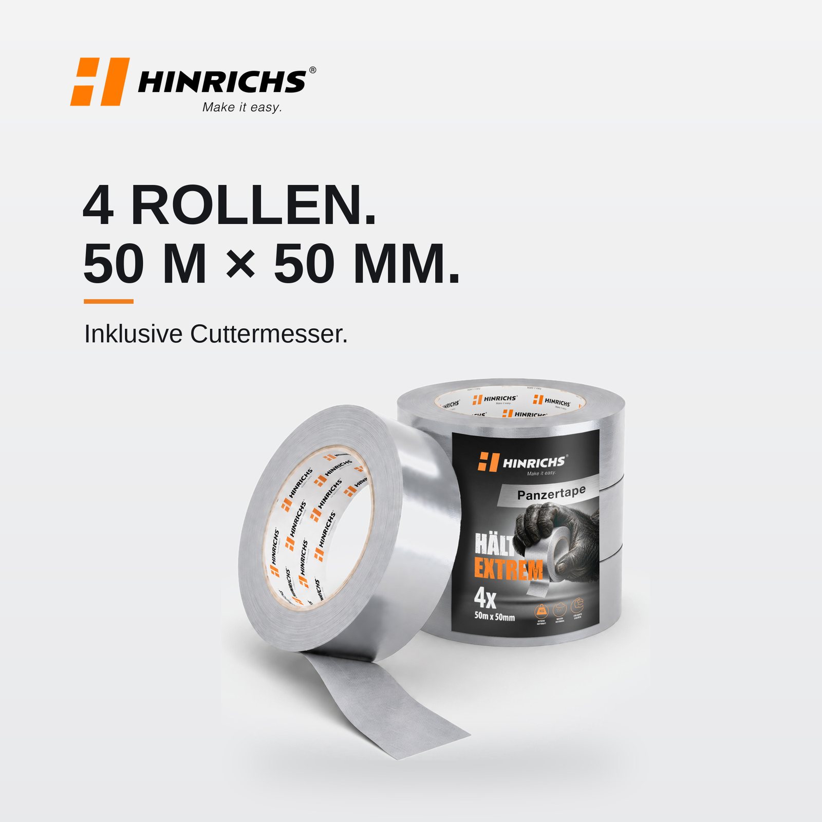 Panzertape Silber – 4 Rollen Power-Klebeband + Cuttermesser – Bild 2