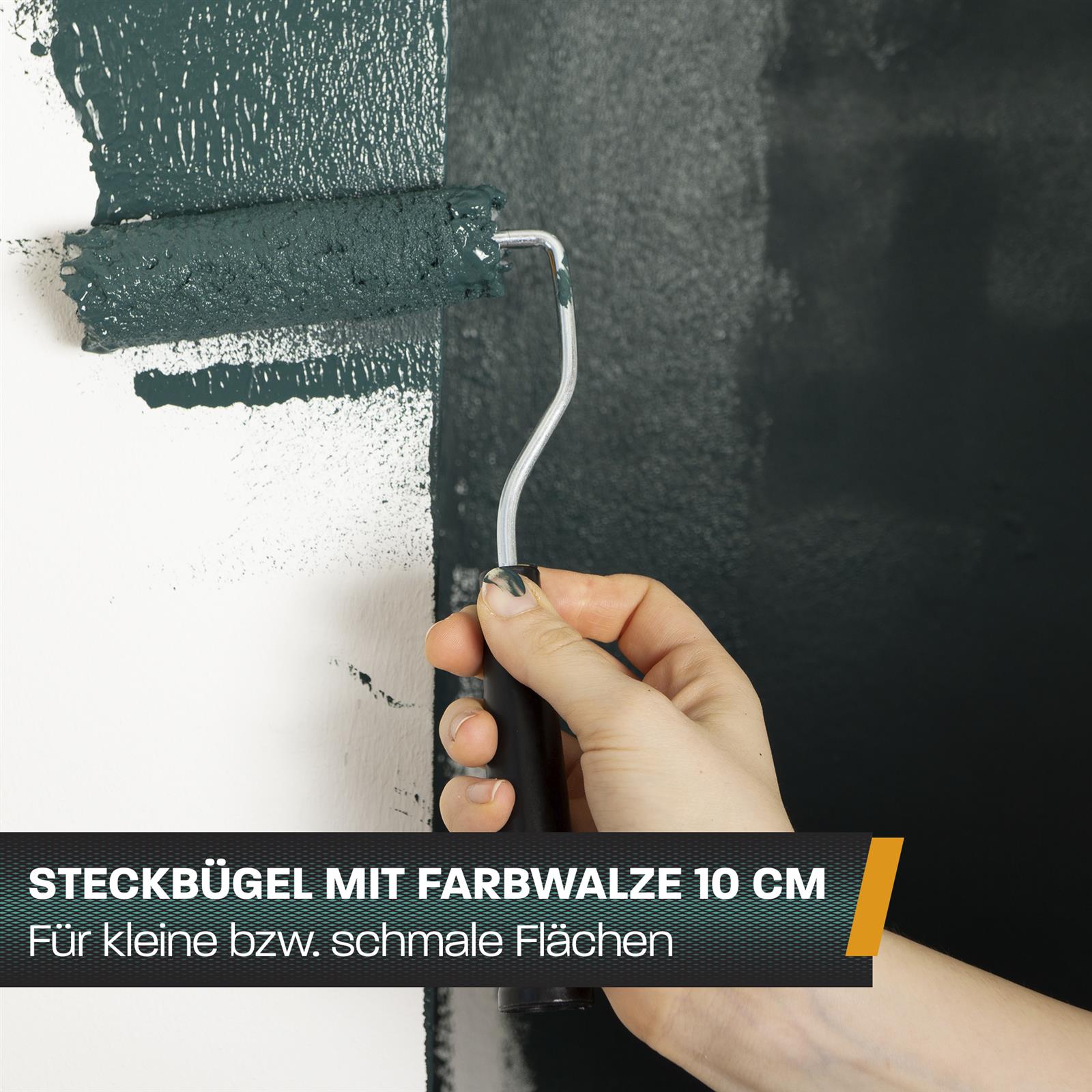 Malerset mit Farbwalzen, Pinsel und Farbwannen für präzises Streichen – Profi-Malerzubehör Set Malerset bestehend aus Farbwanne, Farbroller mit ergonomischem Griff, Ersatzrolle, Abstreifgitter und Flachpinsel, auf einem weißen Hintergrund arrangiert.