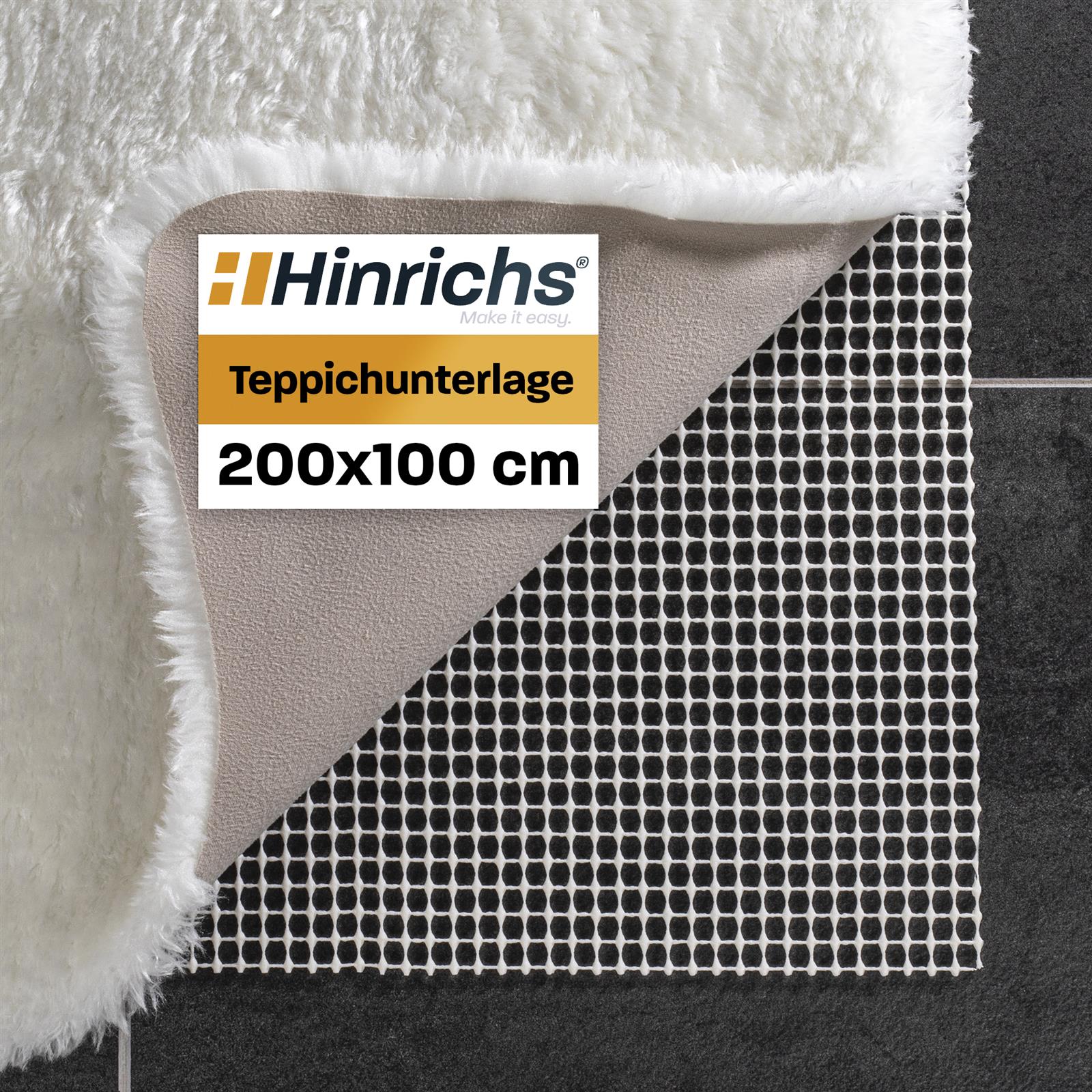 Rutschfeste Teppichunterlage 200x100 cm – Antirutschmatte für Teppiche und Bodenbeläge Teppichunterlage in der Größe 200 x 100 cm, aus rutschhemmendem Material, rechteckig zugeschnitten und auf einem hellgrauen Hintergrund ausgebreitet.