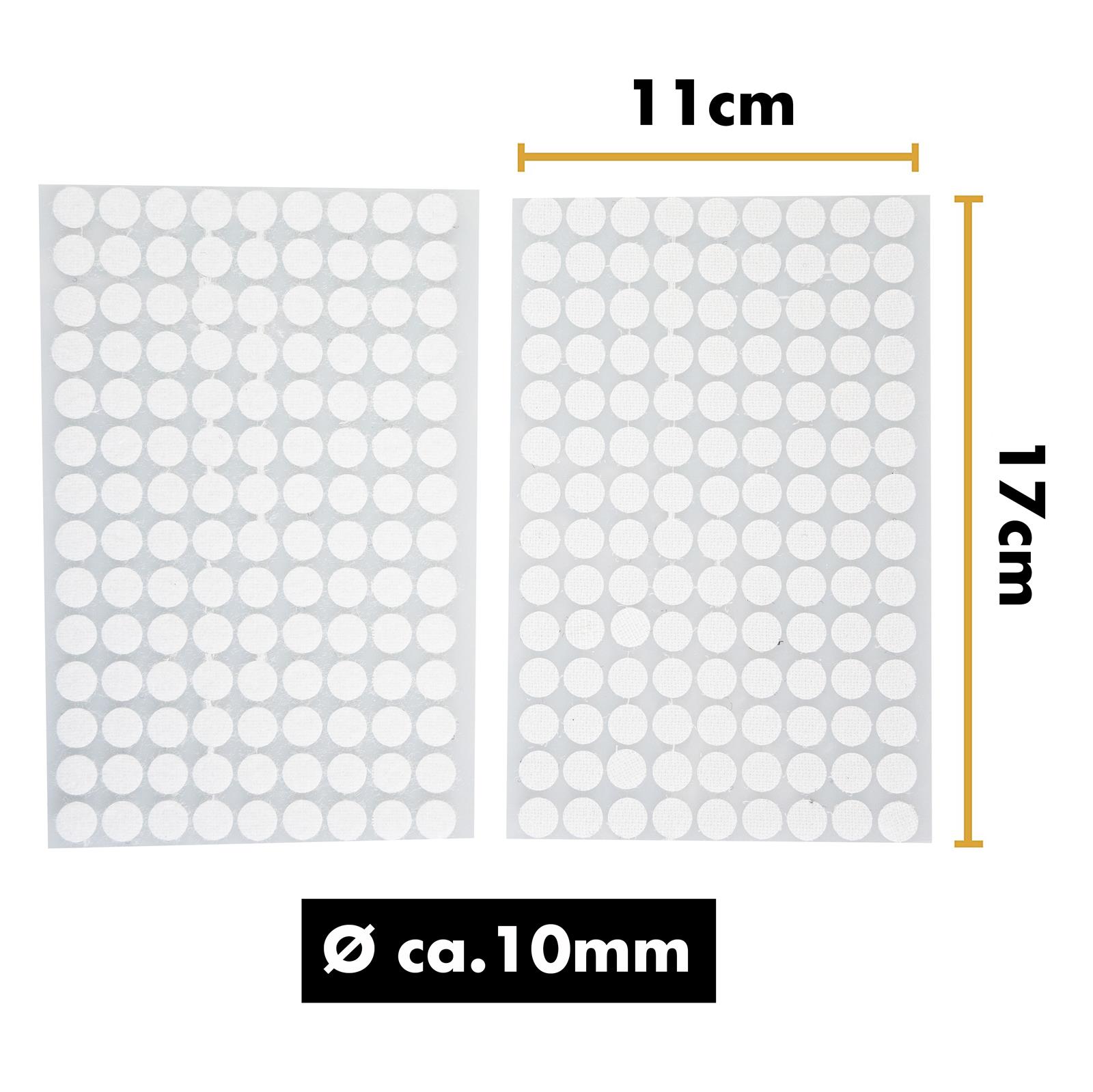 Klettpunkte Weiß selbstklebend – 100 Stück Ø 20 mm für flexible Befestigungen Weiße Klettpunkte auf weißem Hintergrund, jeweils mit Haken- und Flauschseite, nebeneinander angeordnet; Maßangaben verdeutlichen den Durchmesser und Abstand der Punkte.