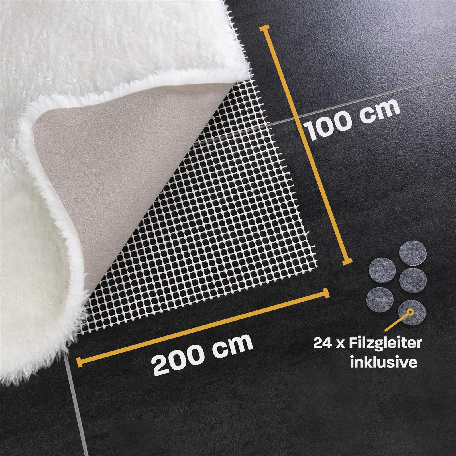 Teppichunterlage 200x100 cm – Rutschfeste Matte mit Maßangaben für sicheren Halt Abbildung einer Teppichunterlage in der Größe 200 x 100 cm, flach liegend dargestellt auf weißem Hintergrund mit Maßangaben in Zentimetern entlang der Kanten.