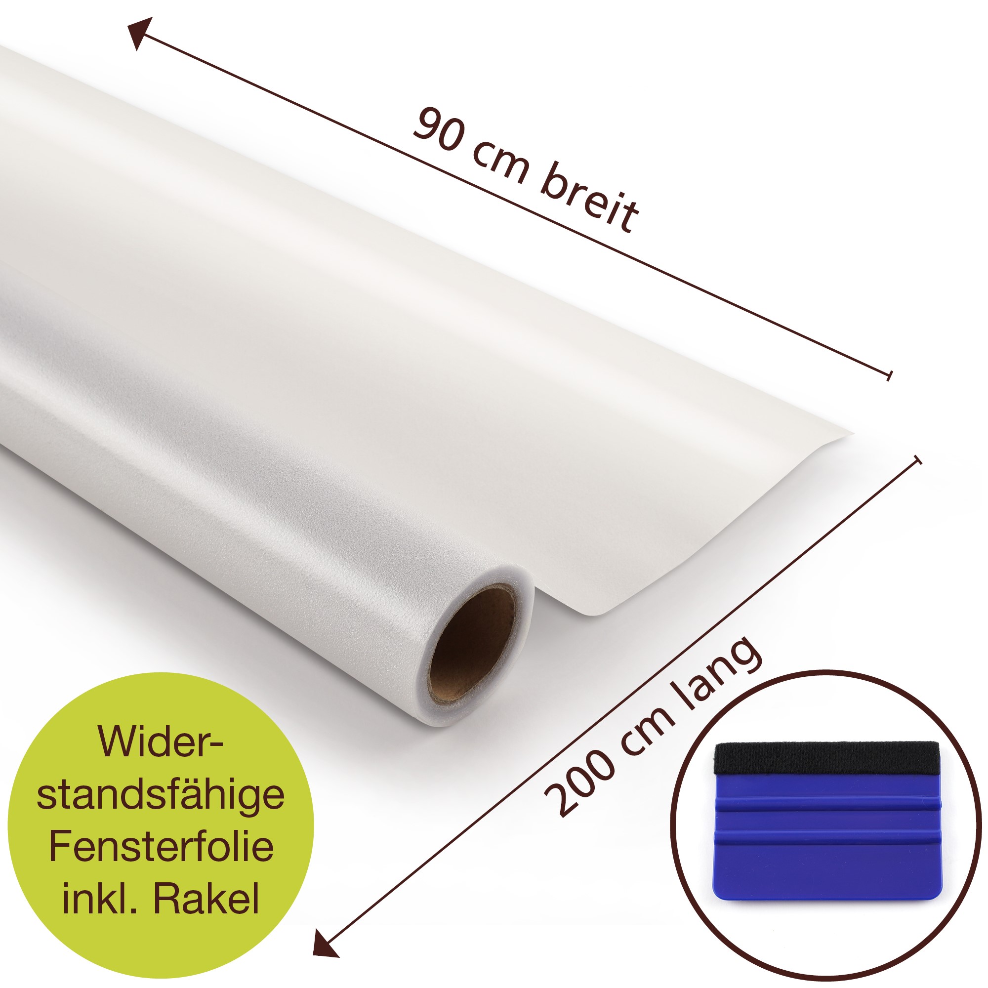 Selbstklebende Fensterfolie 90x200 cm – Sichtschutz & Sonnenschutz für Fenster und Türen Opake Fensterfolie in der Größe 90 x 200 cm, aufgerollt mit sichtbarem Etikett; dient als Sichtschutz für Fenster und Glasflächen.