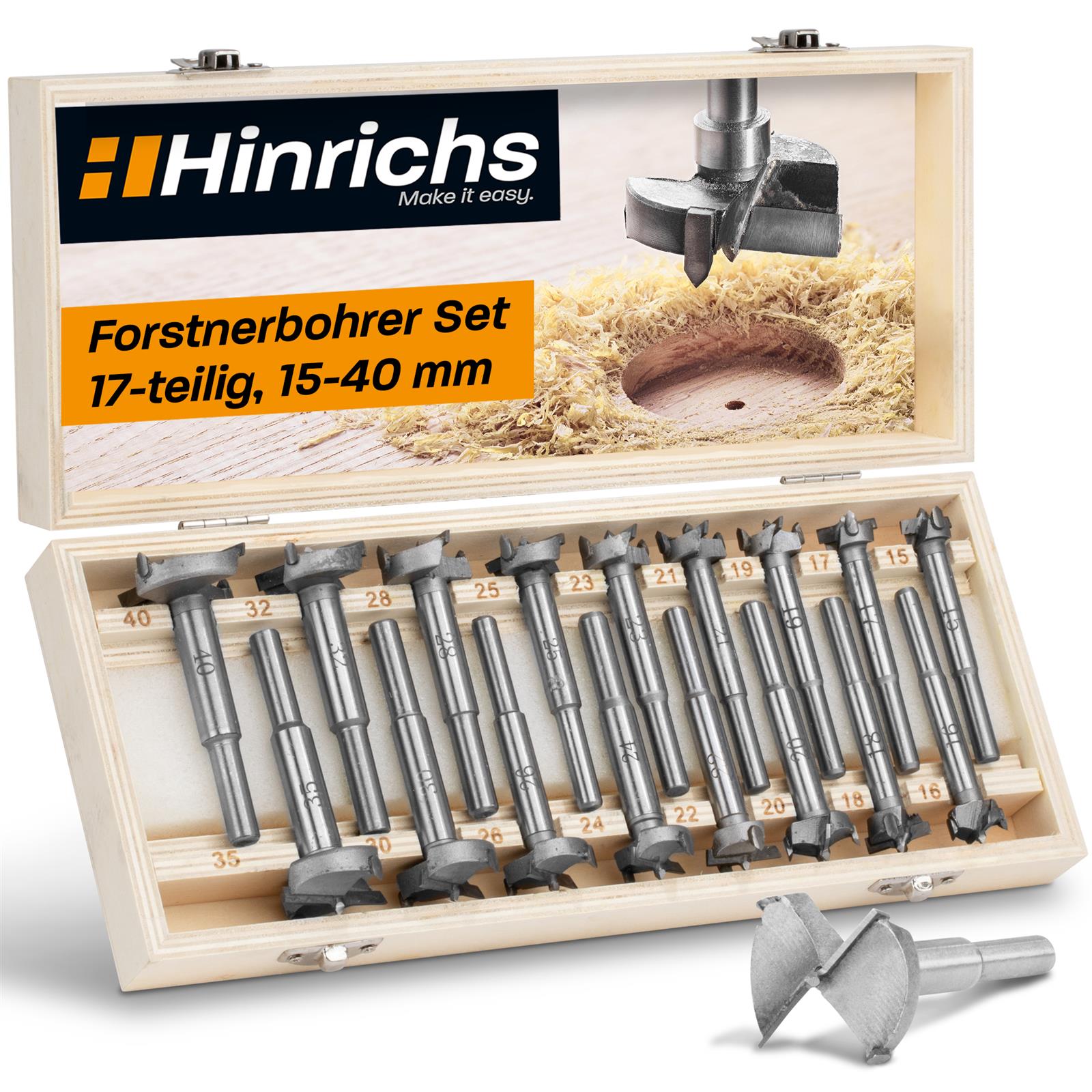 Forstnerbohrer-Set in Holzbox – 15-teiliges Präzisionsbohrer-Set für Holzarbeiten Forstnerbohrer-Set in geöffneter Holzbox mit transparentem Deckel; insgesamt 15 Bohrer in unterschiedlichen Größen sind übersichtlich nebeneinander eingelegt.