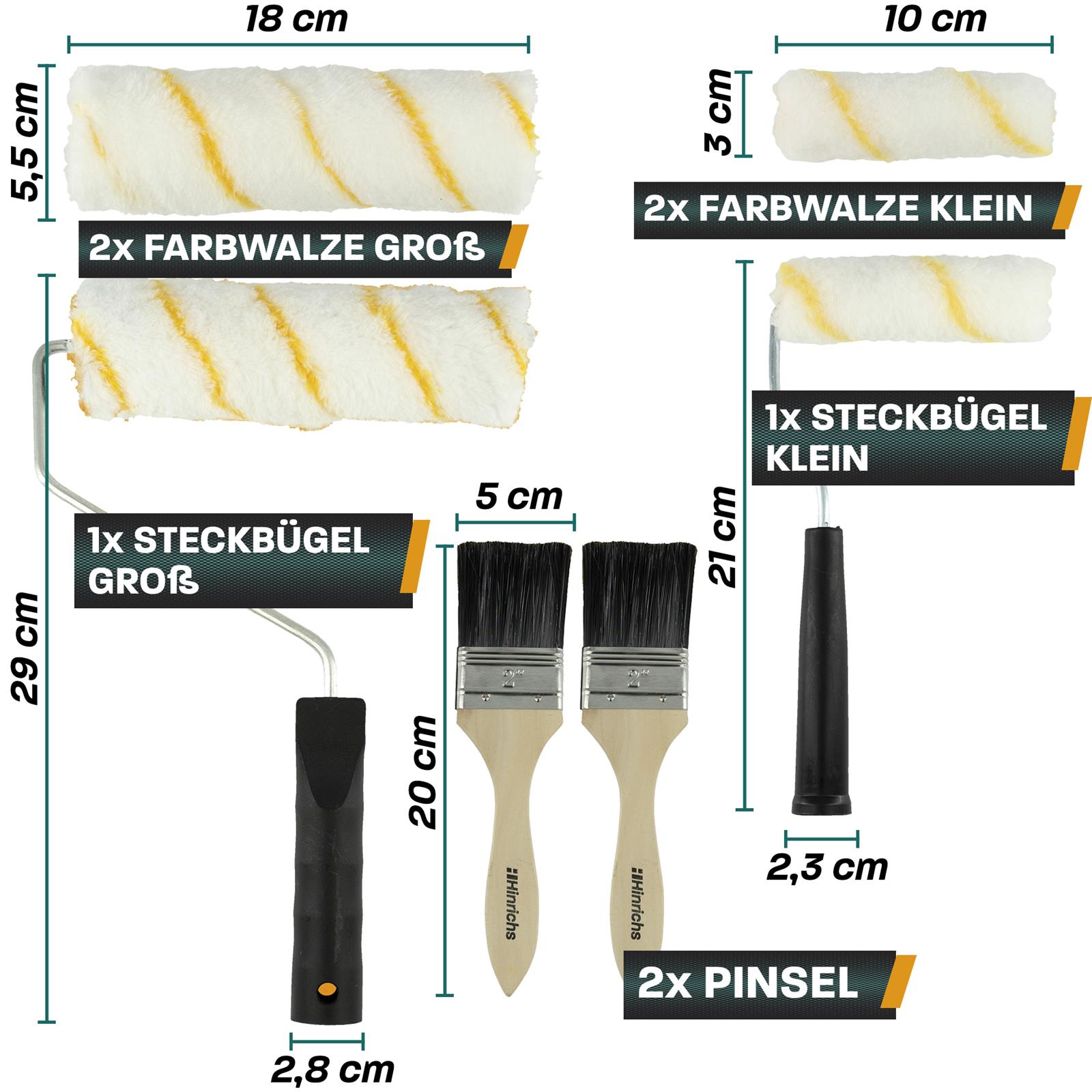 Malerset mit Farbrolle, Bügel und Farbwanne – praktisches Streichset für Renovierungsarbeiten Malerset bestehend aus Farbwanne, zwei Farbrollen mit Griffen und einem Ersatzrollenaufsatz, arrangiert auf weißem Hintergrund.