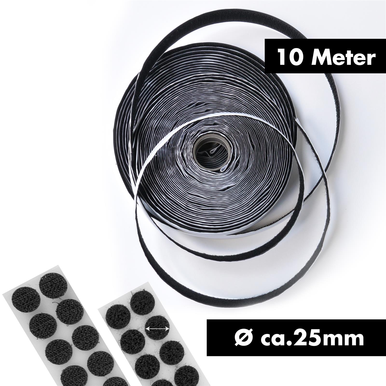 Klettpunkte Set Schwarz – Selbstklebend, Ø 20 mm, 96-teilig Set aus schwarzen Klettpunkten in verschiedenen Größen auf weißem Hintergrund; jeweils ein Haken- und ein Flauschpunkt bilden ein Paar, angeordnet in mehreren Reihen.