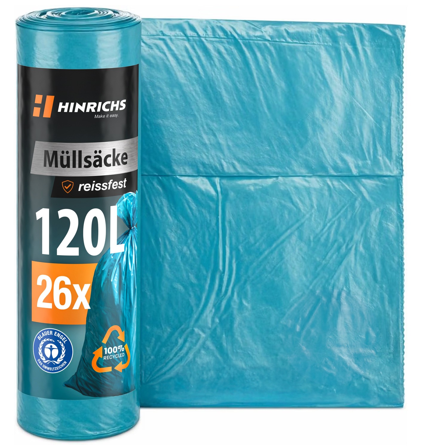 Müllsäcke 120 L – Extra stark, 26 Stück auf Rolle, 70 µ, Blauer Engel