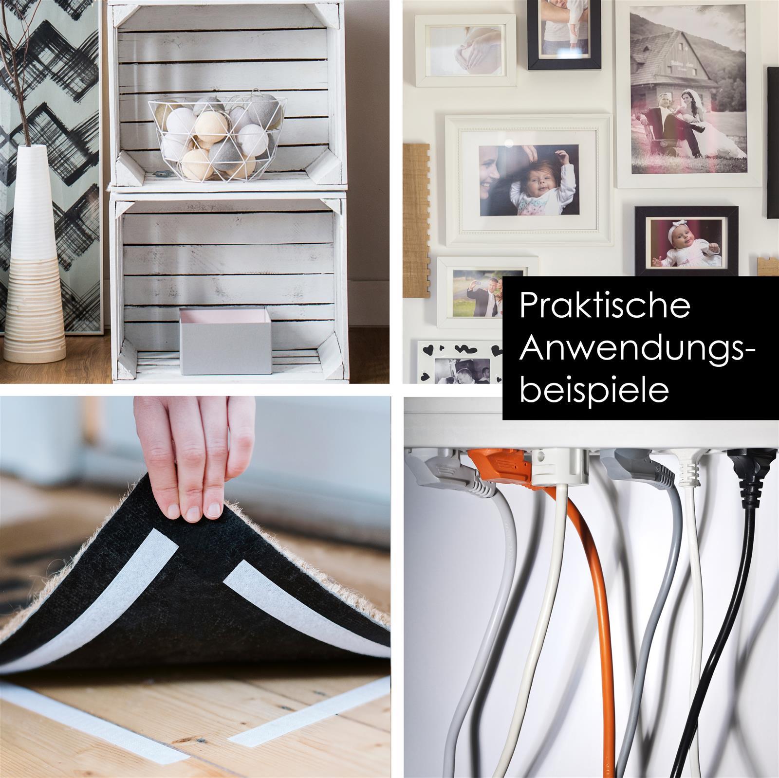 Klettpunkte Set selbstklebend – praktisches Klettverschluss-Set in Schwarz Set aus selbstklebenden runden Klettpunkten in Schwarz, sortiert in vier Reihen auf einem weißen Hintergrund; jeweils eine Reihe mit Haken- und eine mit Flauschseite.