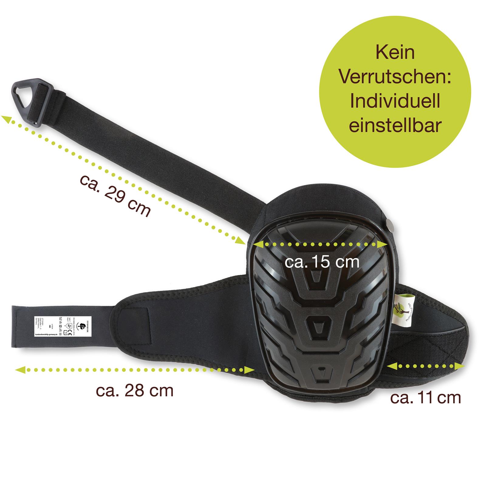 Ergonomische Knieschoner für Handwerker – Komfortabler Knieschutz für Bau und Montage Ein Paar schwarze Knieschoner mit roten Akzenten und elastischen Befestigungsriemen, nebeneinander auf weißem Hintergrund platziert.